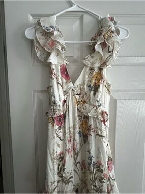 Francesca's Cream Floral Ruffle Maxi Dress with Pink & Yellow Blooms